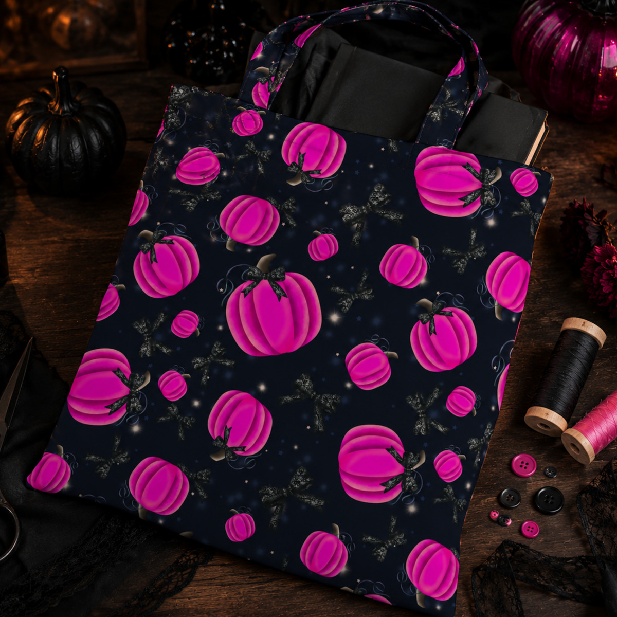 A fabric tote bag with a dark navy blue background and a repeating pattern of bright pink pumpkins and black spiders, styled on a dark wooden table with Halloween decorations.