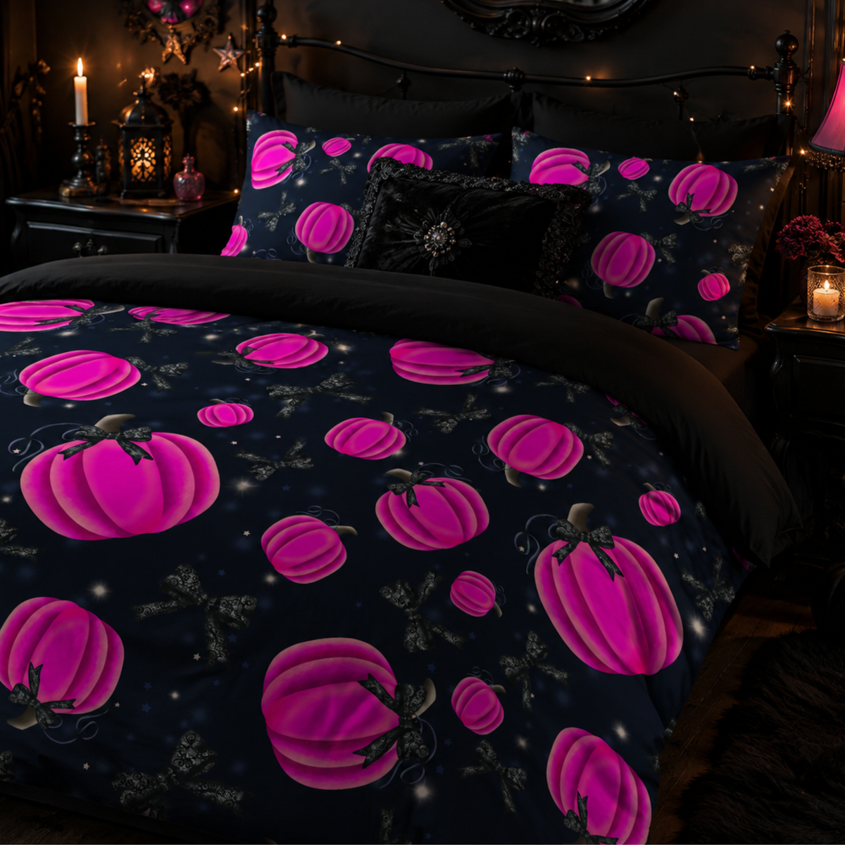 Pink pumpkin and black lace bow Halloween seamless pattern shown on gothic style bedding