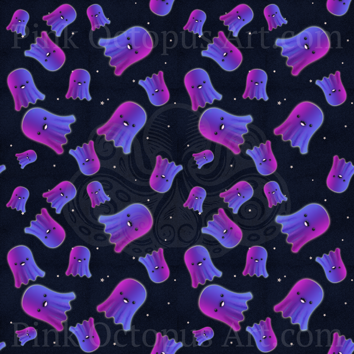 Purple and blue cute ghost Halloween seamless pattern on midnight navy background