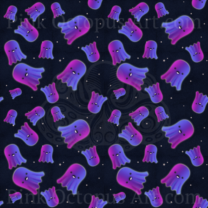 Purple and blue cute ghost Halloween seamless pattern on midnight navy background