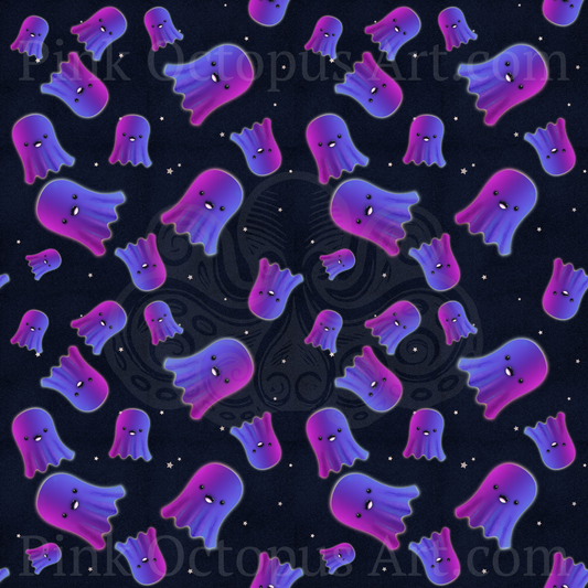 Purple and blue cute ghost Halloween seamless pattern on midnight navy background