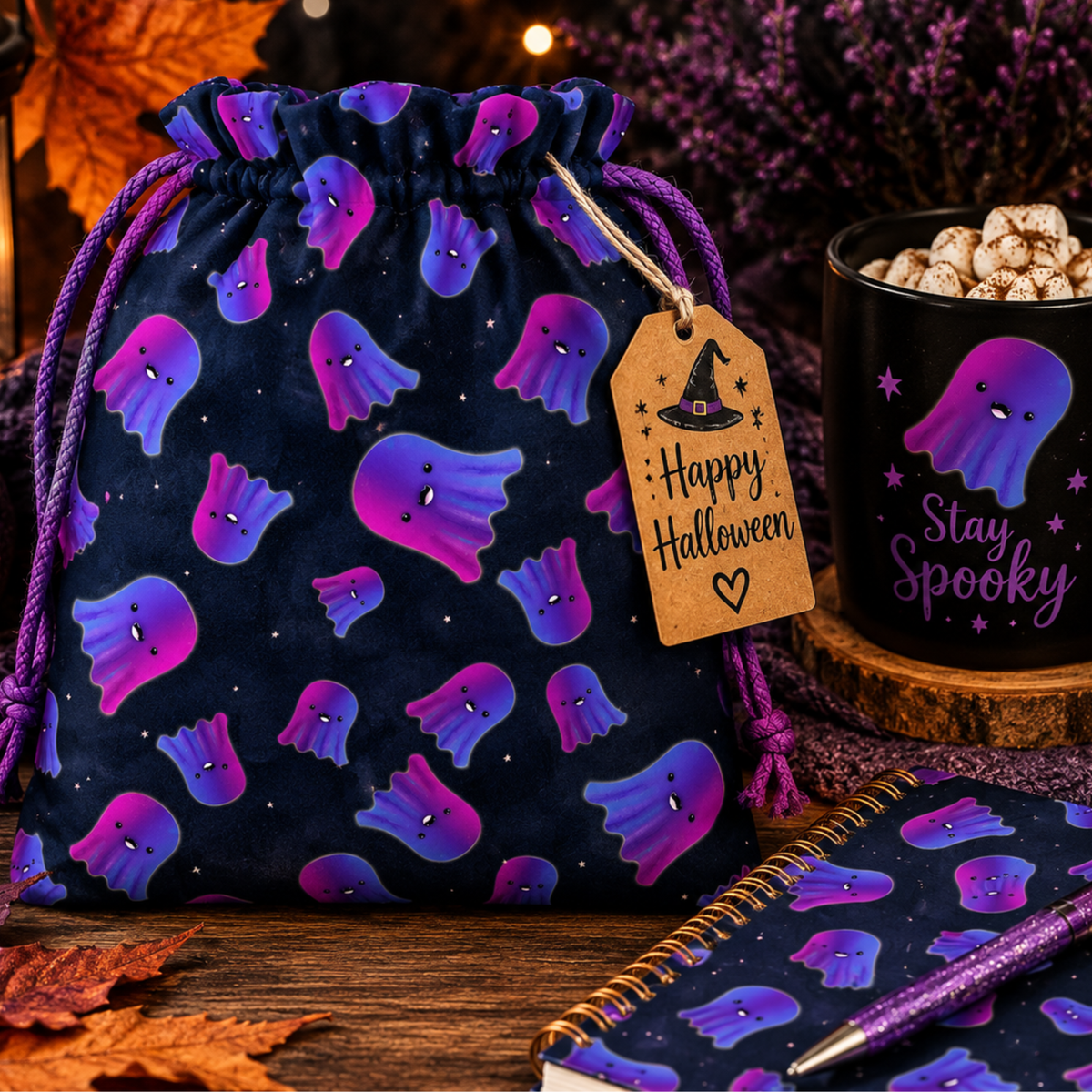 A Halloween-themed drawstring bag with a purple and blue ghost pattern, displayed on a wooden table alongside a matching notebook, a black mug that says 'Stay Spooky' with popcorn, and a wooden tag that reads 'Happy Halloween'.