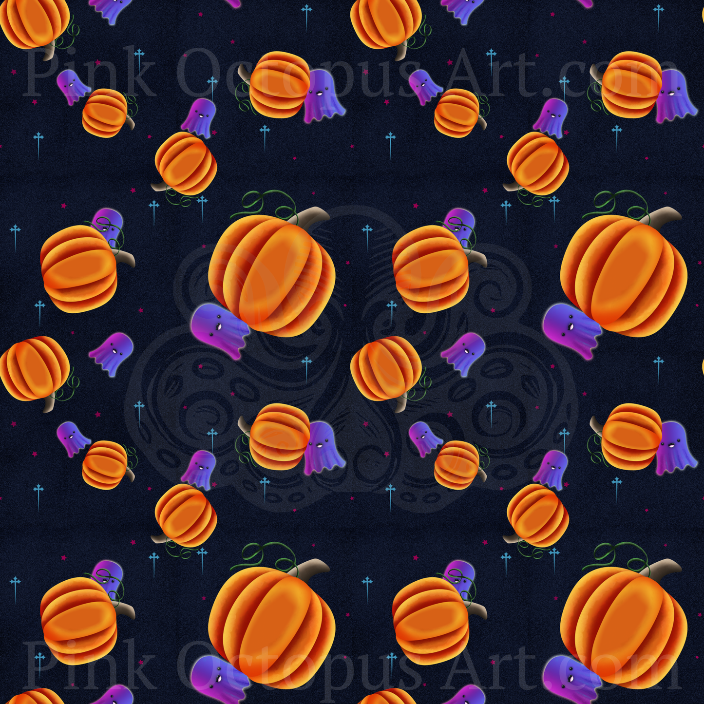 Orange pumpkin and purple ghost Halloween seamless repeating pattern on navy blue