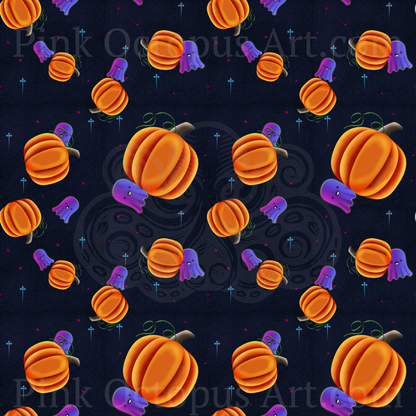 Orange pumpkin and purple ghost Halloween seamless repeating pattern on navy blue